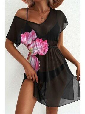 e Floral Print V Neck Semi Sheer Beach Cover Up Dress